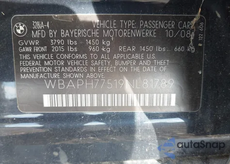 2009 BMW 328I from USA, damaged, VIN WBAPH77519NL81789
